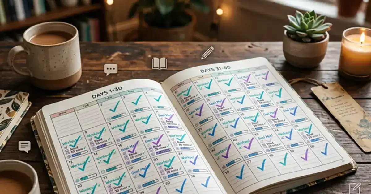 A 60-day calendar spread on a desk with colorful progress checkmarks and AI tool icons glowing in teal and blue