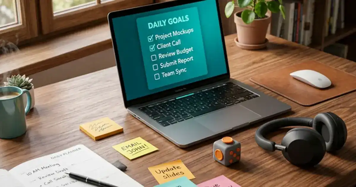 Scattered colorful sticky notes and a planner on a wooden desk next to a laptop with glowing teal task list on screen