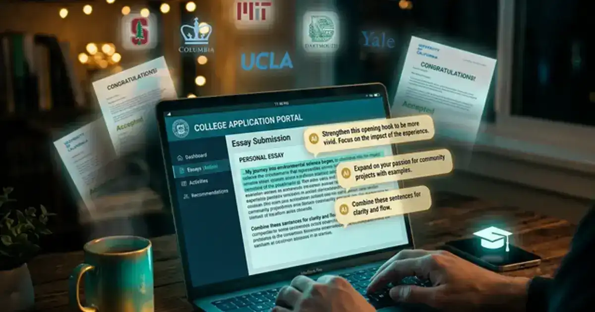 Laptop showing a college application portal with AI suggestions highlighted, acceptance letters and graduation cap in teal and gold lighting