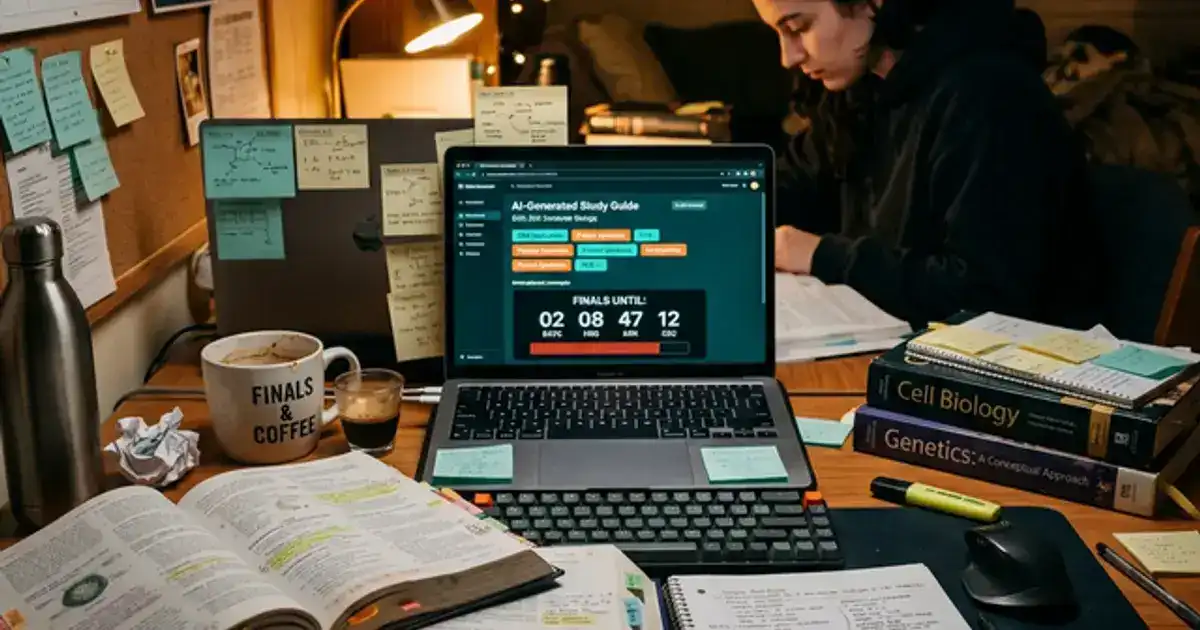 Student desk with textbooks open and a laptop showing AI study guide with countdown timer in teal and amber lighting