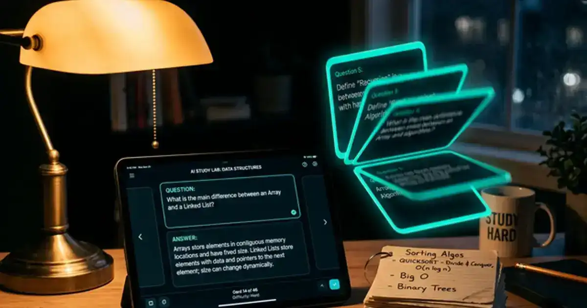 Tablet showing digital flashcards with AI-generated questions, cards flipping mid-air with teal edges beside paper flashcards