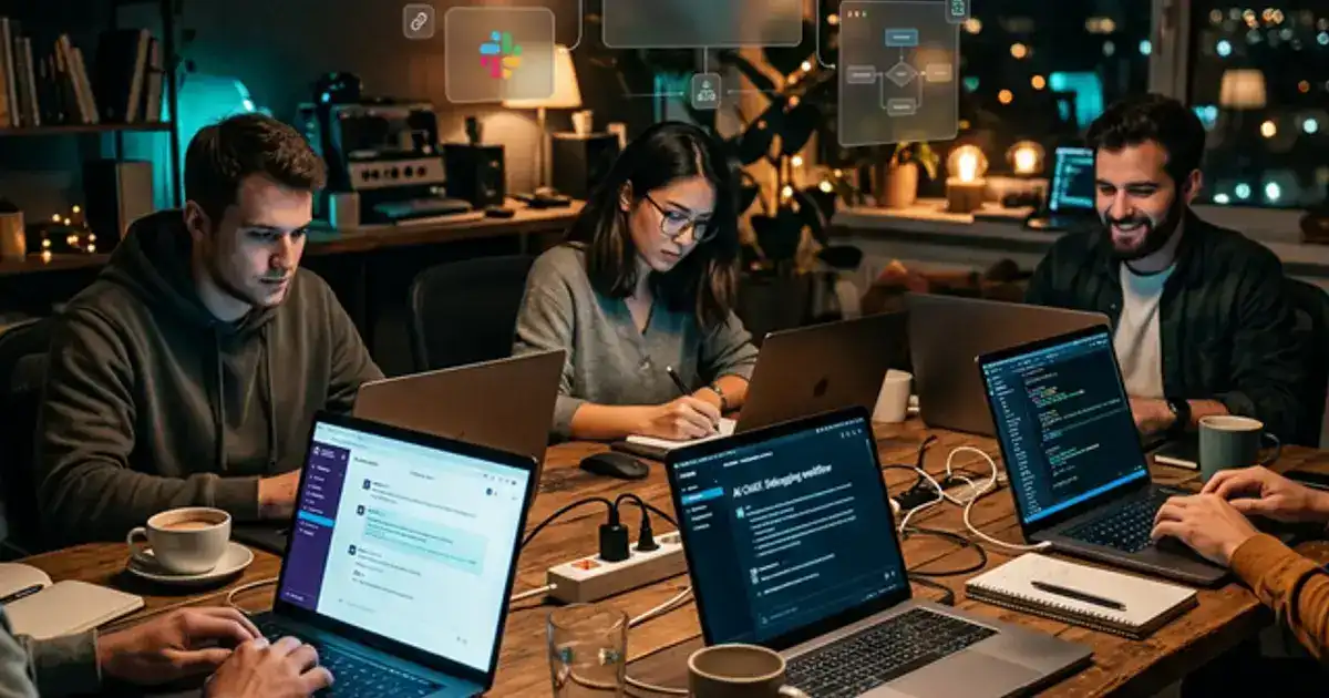 Laptop screen showing a team project dashboard with task cards and AI suggestion bubbles glowing teal in a cozy study room