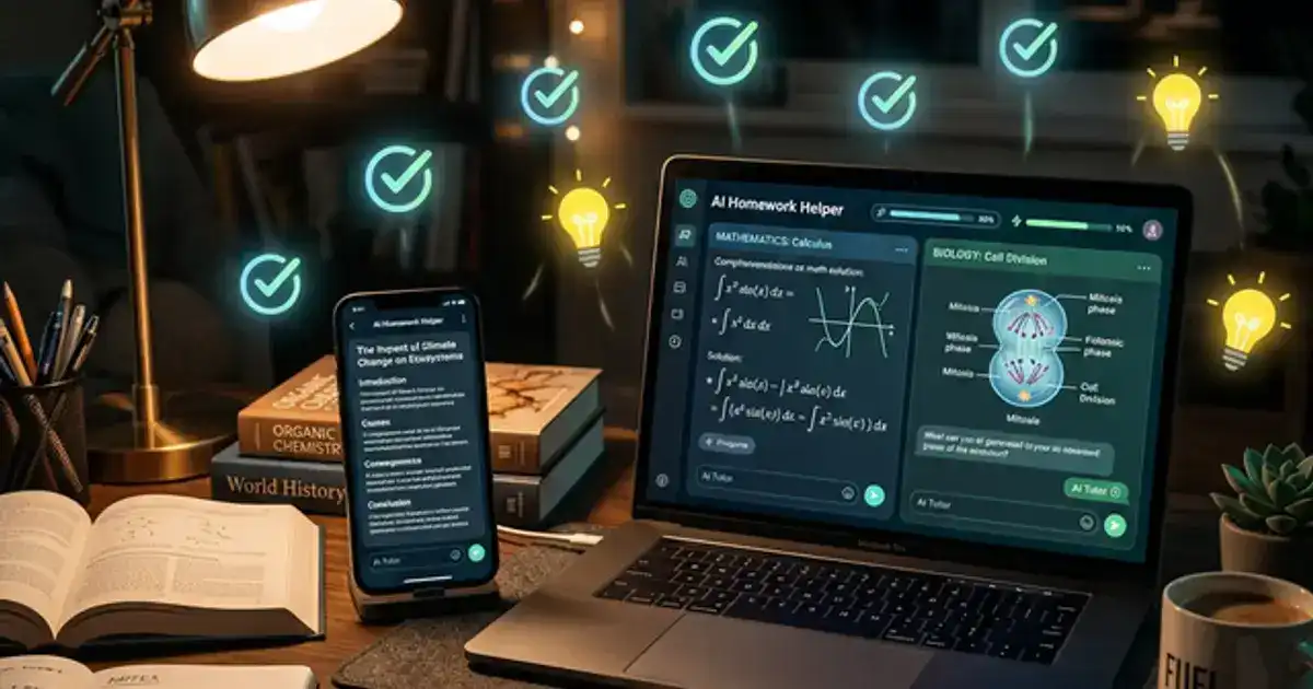 Phone and laptop showing AI homework helper interfaces with math equations and essay outlines on a study desk with teal and amber lighting
