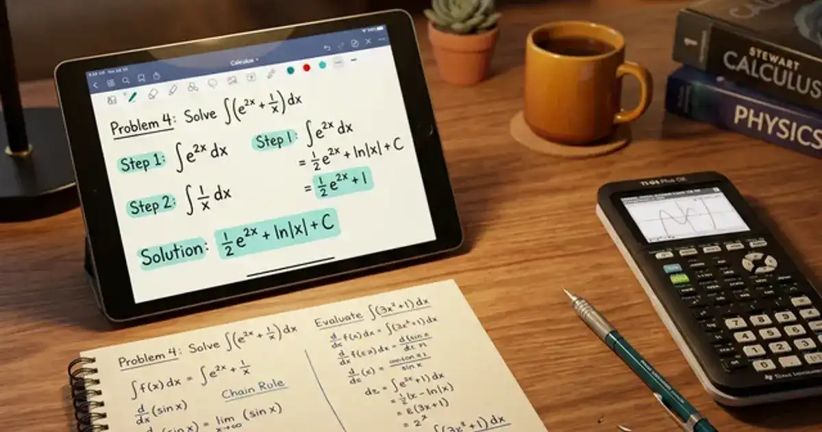 Notebook with handwritten equations next to a tablet showing a step-by-step math solution with teal highlighting on a wooden desk