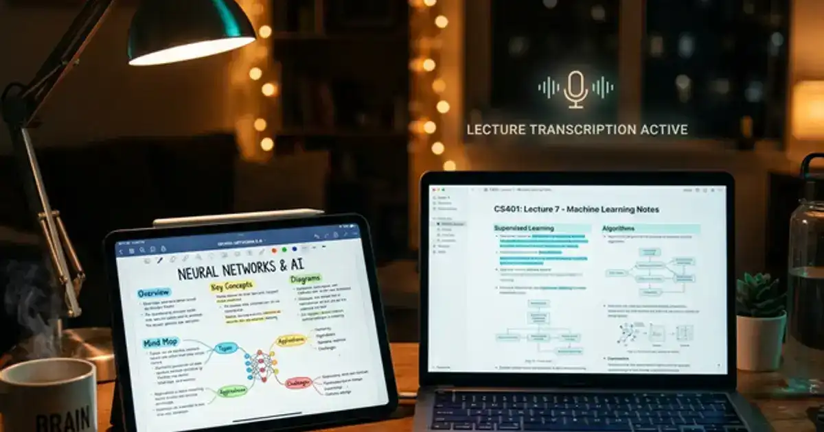 iPad and laptop showing organized AI-generated notes with highlighted key points and mind map diagrams on a student desk with teal and amber lighting
