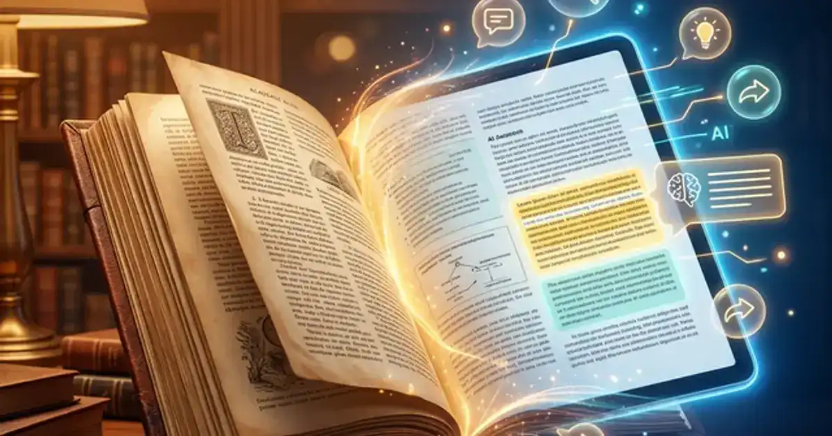 Open book transforming into digital PDF with AI highlights and annotation bubbles