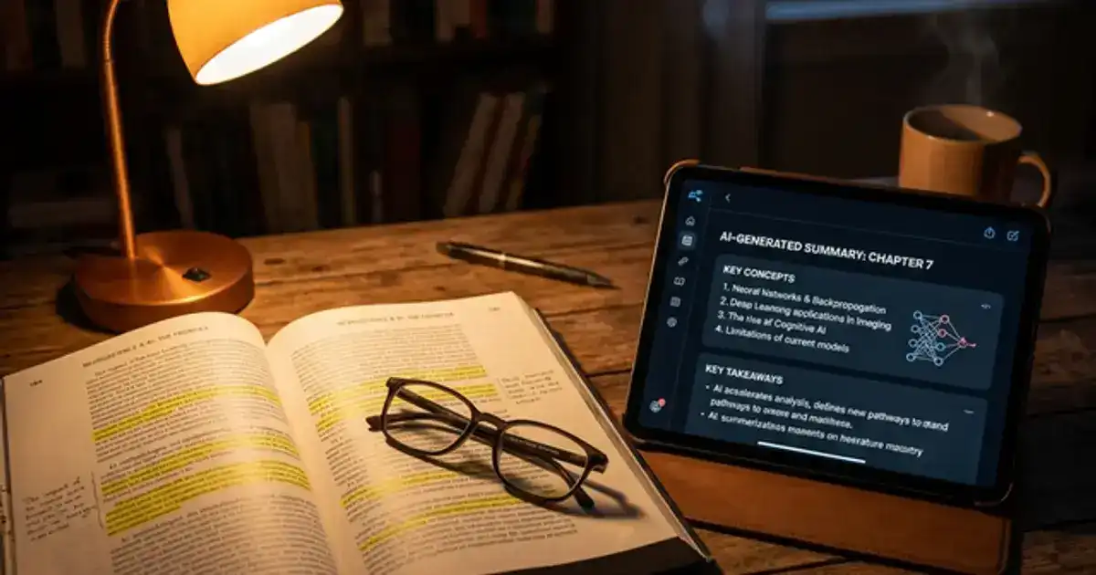 Open textbook with highlighted passages and a tablet showing AI-generated summaries, reading glasses, warm amber desk lamp with dramatic shadows