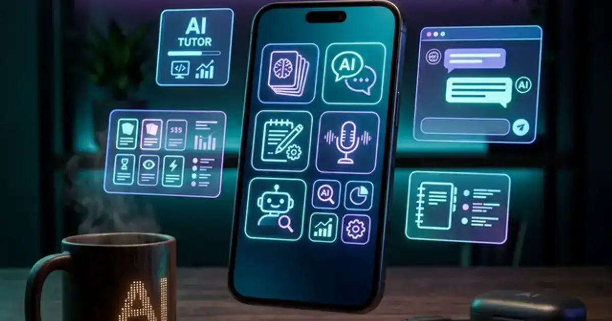Smartphone floating with AI study app icons in a dark cozy workspace with teal and purple lighting
