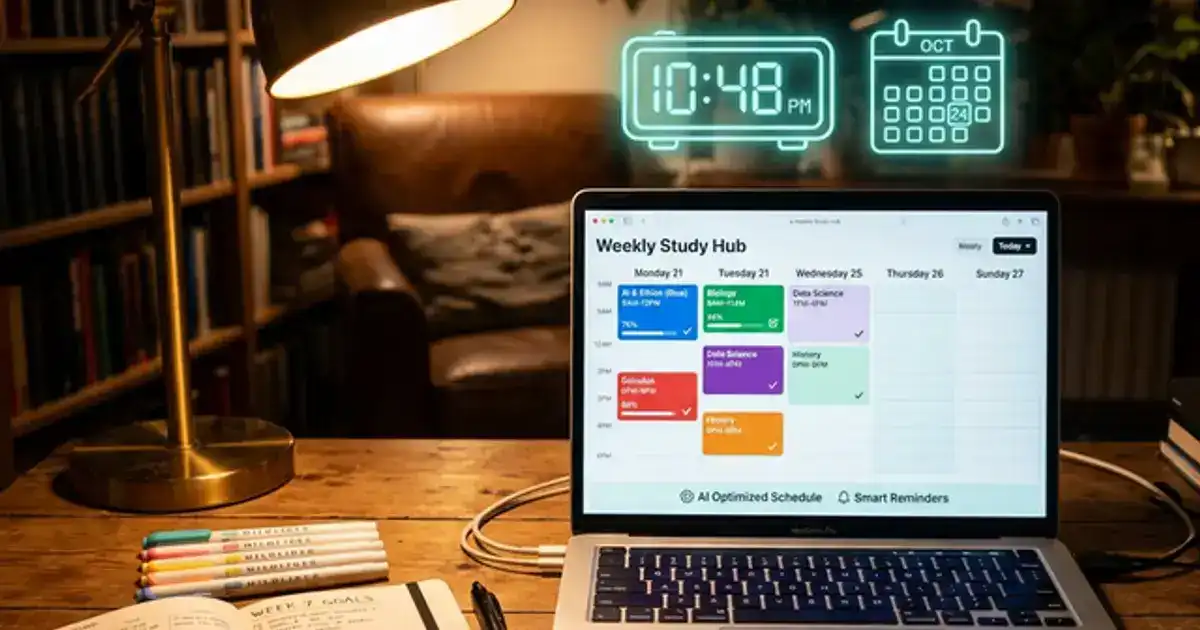 Laptop showing a color-coded weekly study calendar with progress bars and AI-generated scheduling, planner notebook and highlighters, teal and amber lighting