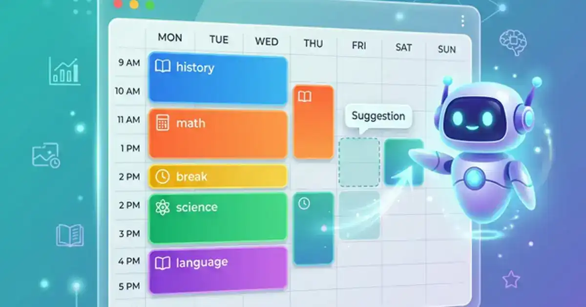 Digital calendar with colorful study blocks and AI scheduling assistant