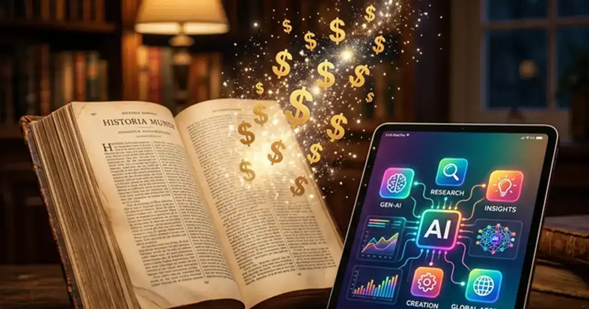 Heavy open textbook next to a glowing tablet with AI interface and dissolving price tags on a warm desk