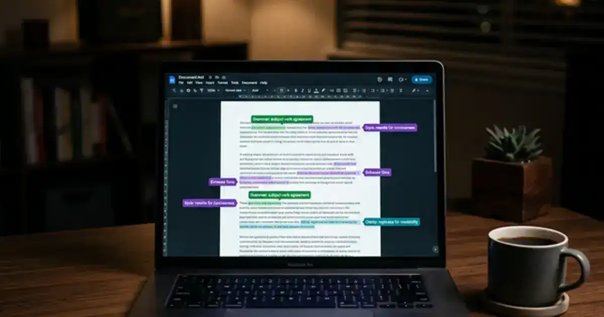 Laptop showing a document editor with AI suggestion overlays glowing in teal and purple in a minimalist study setup