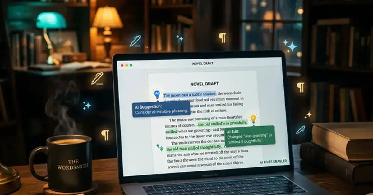 Laptop showing a clean document editor with AI-suggested text edits highlighted, pen icons and AI sparkle effects floating in teal and amber lighting