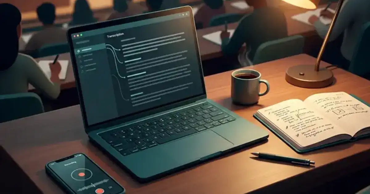 Laptop open during a lecture with AI transcription running on screen, notebook and pen beside it, warm teal and amber desk lamp lighting