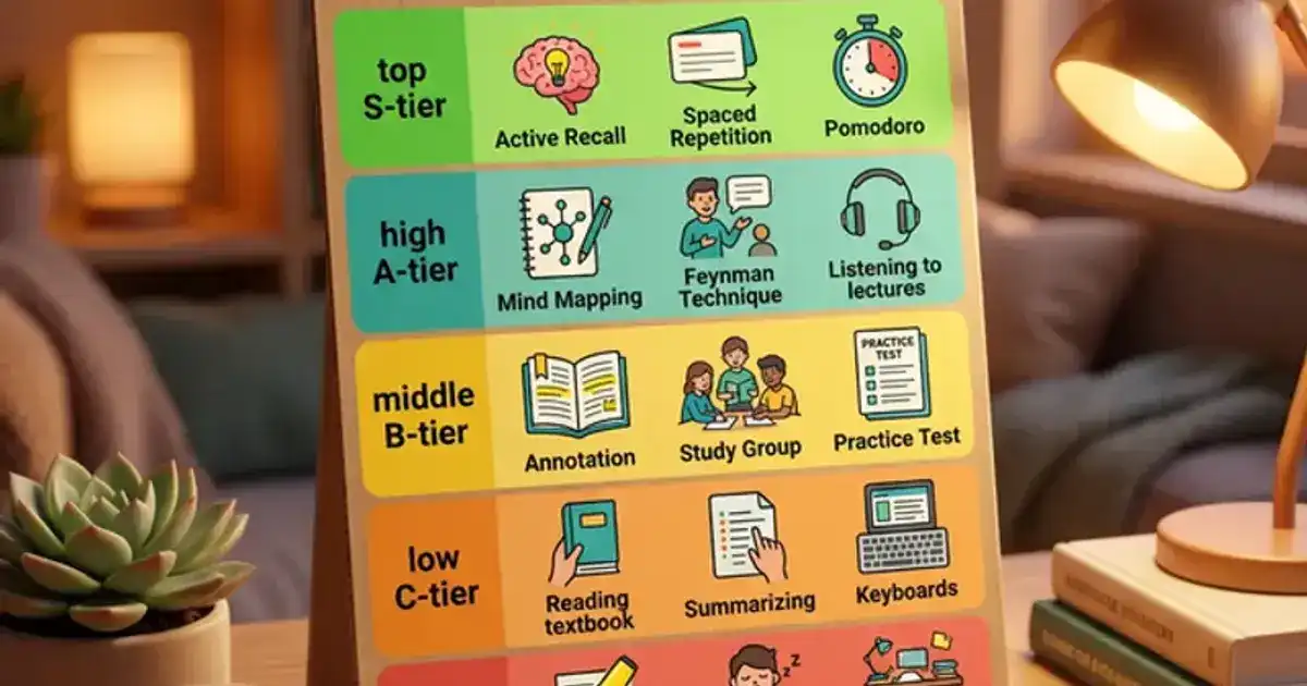 Colorful tier list board with study method cards arranged from S-tier to D-tier on a student desk, warm ambient teal and amber lighting