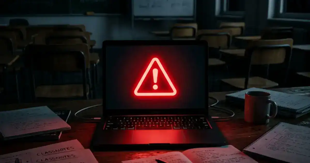 Student sitting at a desk with a laptop, a red warning triangle glowing on the screen, dimly lit classroom