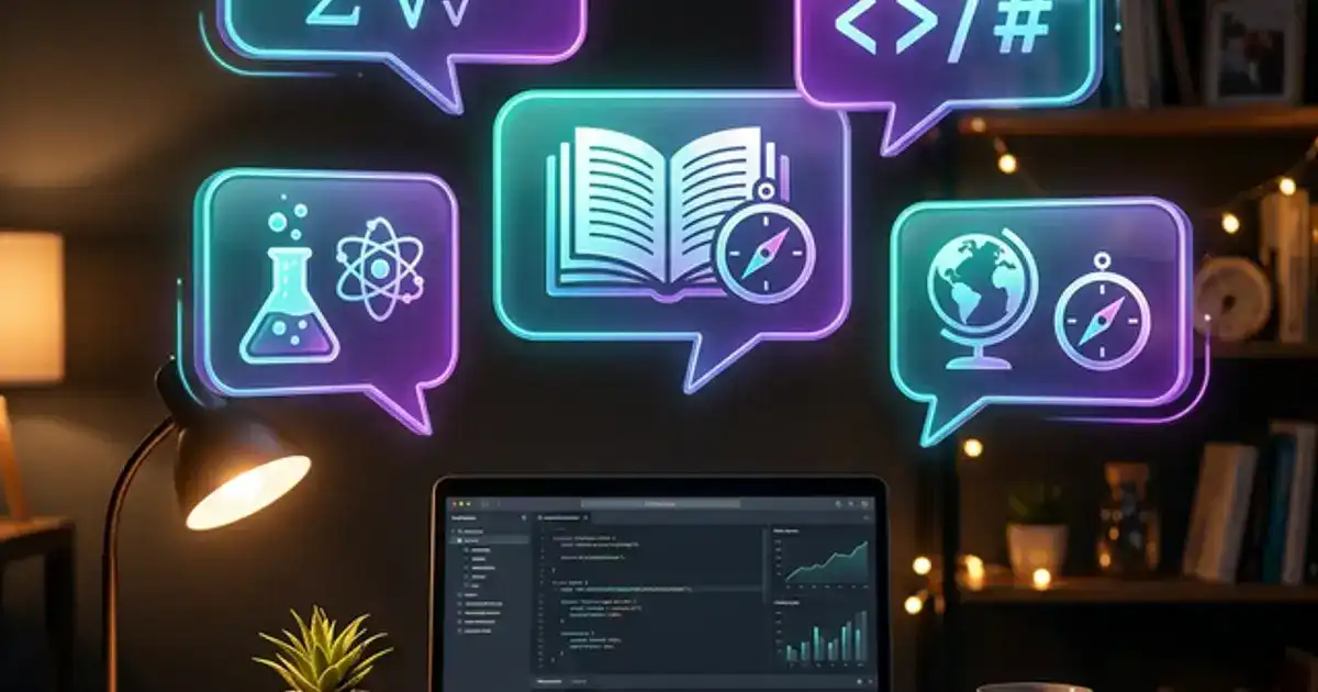 Chat bubbles with subject icons floating over a study desk with a laptop