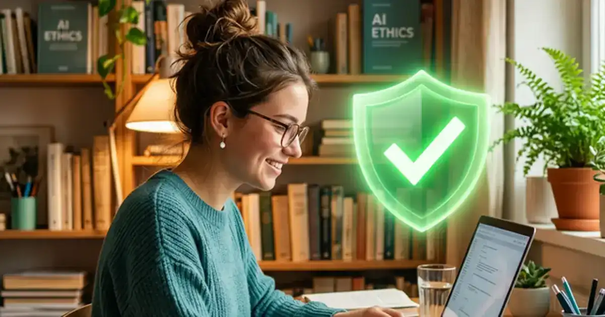 Student at a laptop with a green checkmark shield glowing over the screen