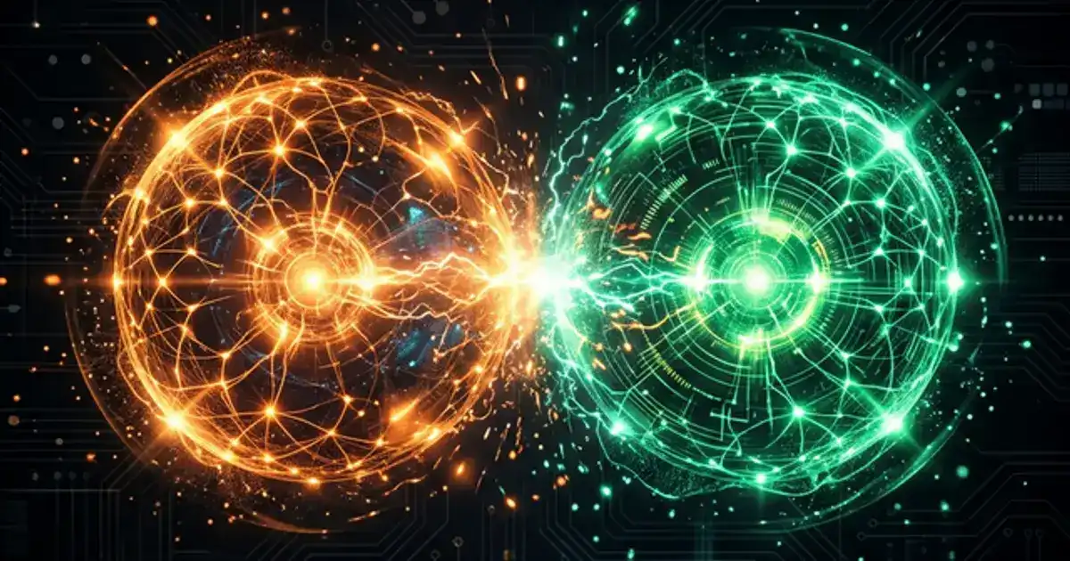 Two AI orbs facing each other in orange and teal versus comparison