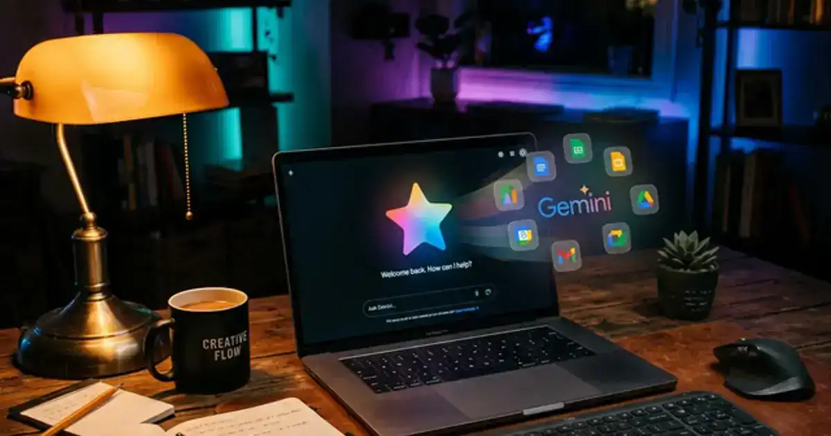 Laptop showing Google Gemini colorful star interface with Google Workspace icons floating in a dark cozy workspace