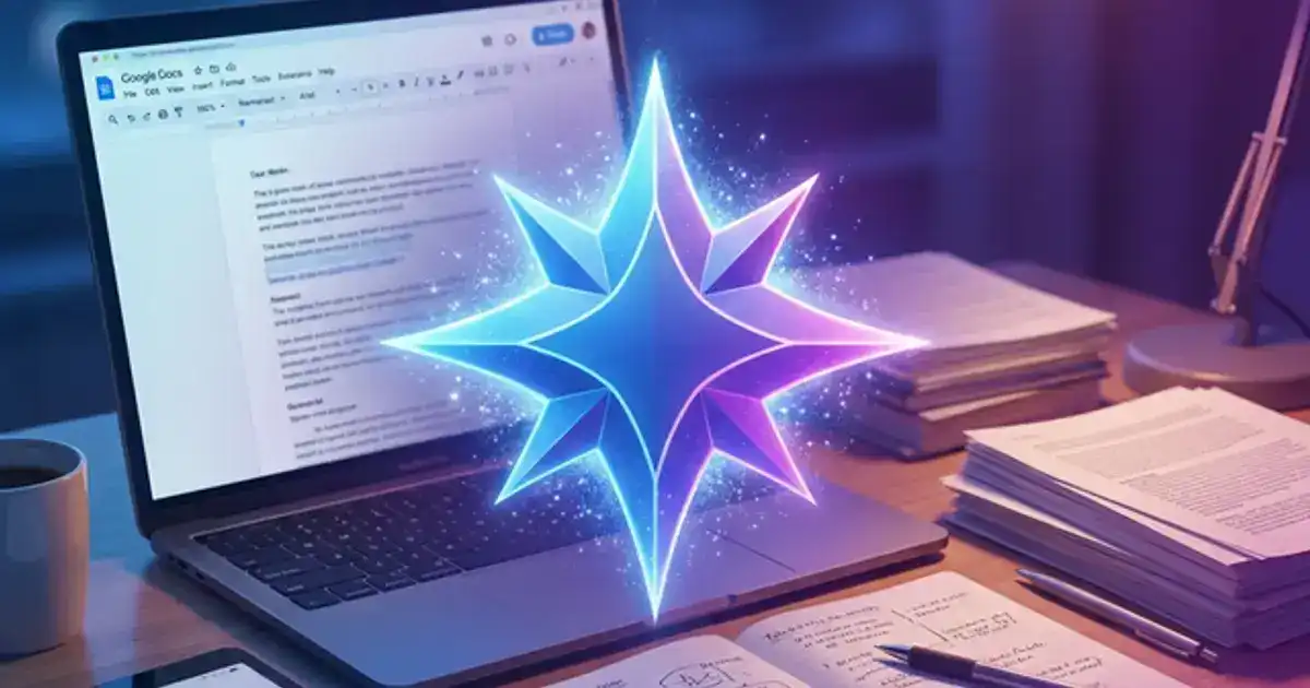 Gemini star logo floating above student workspace with Google Docs and research papers