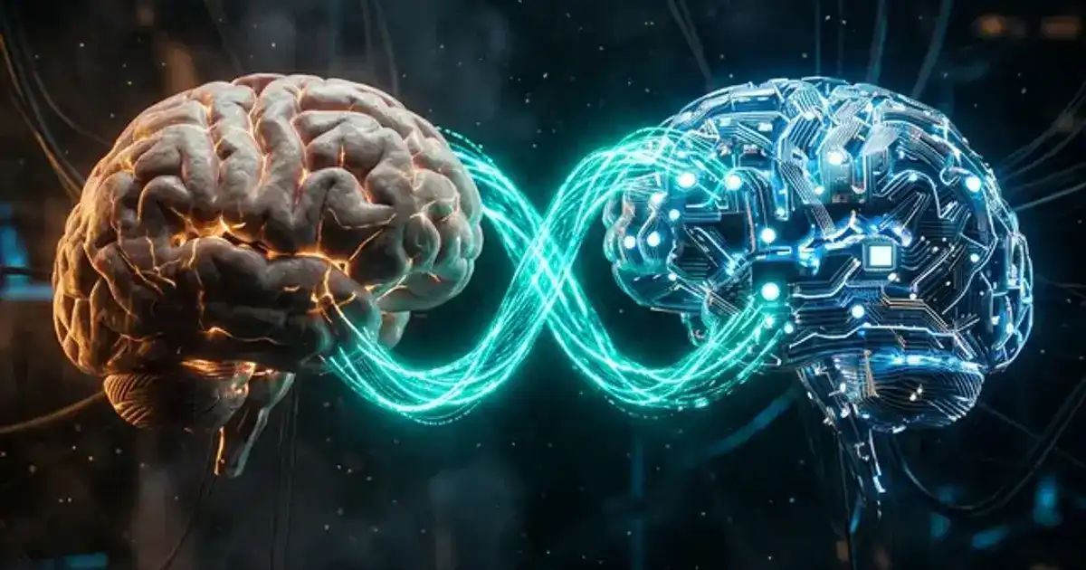 Human brain and glowing digital brain facing each other on a dark background with teal and blue neon accents