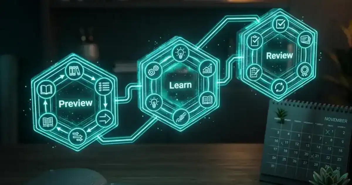 Dark hexagonal workflow diagram with Preview Learn and Review phases connected by glowing teal lines and circuit patterns