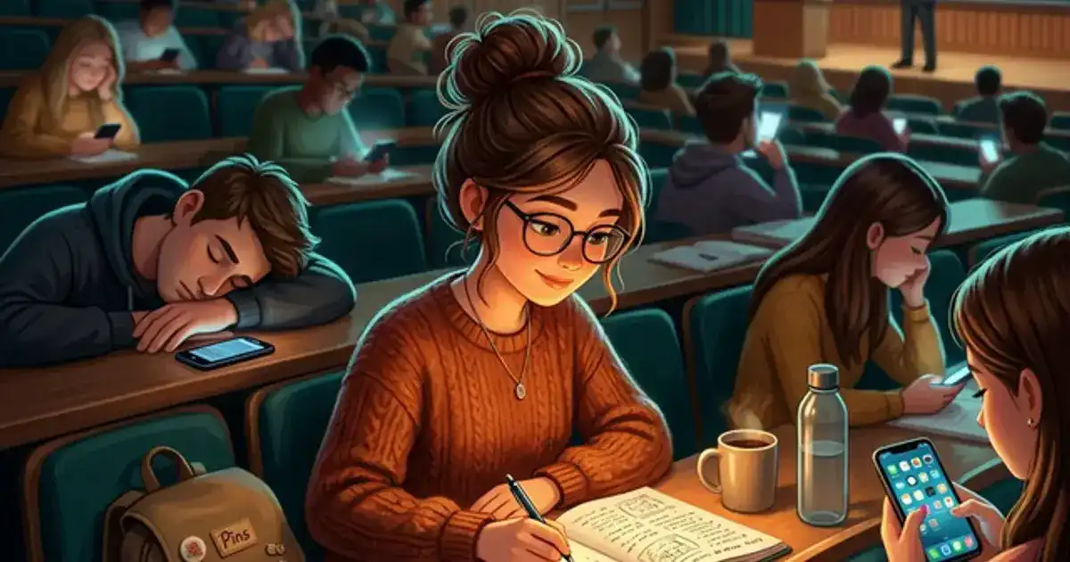 Focused college student taking mindful notes in a lecture hall with warm amber lighting and teal background