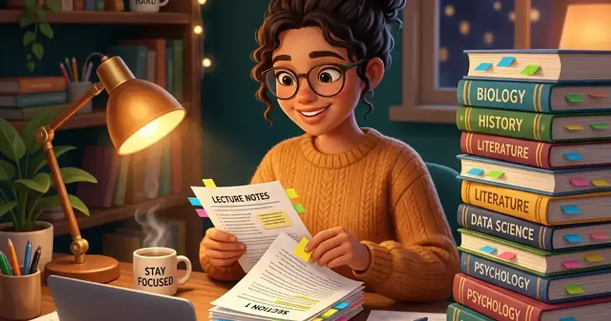 College student efficiently sorting through a tall stack of textbooks with color-coded sticky tabs on a warm desk