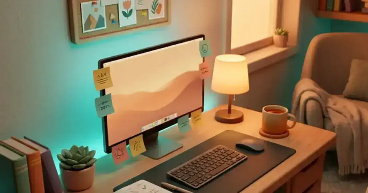 Inspiring cozy dorm desk setup with a vision board, planner showing weekly goals, motivational sticky notes, and warm teal and amber lighting