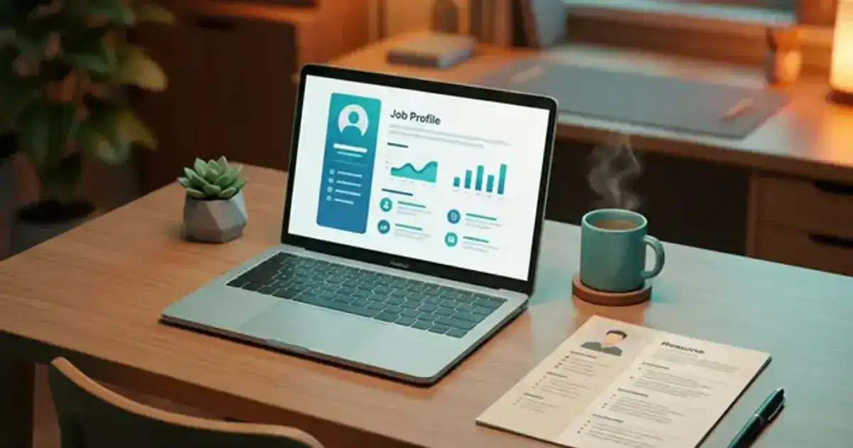 Professional desk with laptop showing LinkedIn profile and AI resume builder, coffee cup, succulent plant in warm teal and amber lighting