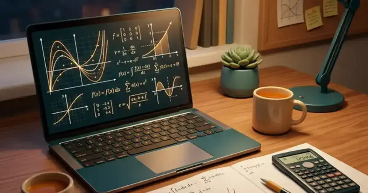 Laptop screen showing Wolfram Alpha solving a calculus integral with step-by-step solution, graph paper and pencil alongside, clean teal desk setup