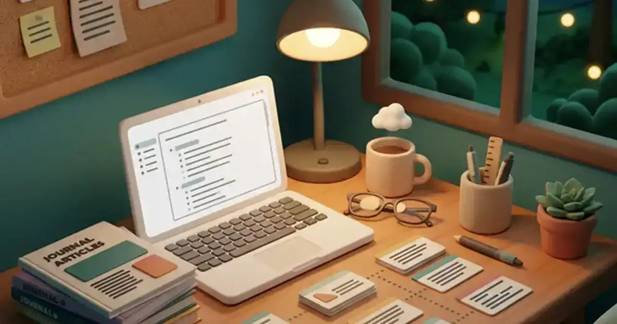 Organized desk with research paper draft, stacked journal articles, laptop showing a citation manager, and a coffee cup under warm teal and amber lighting