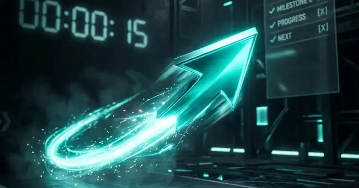 Glowing teal arrow launching forward over a dark digital timer display with progress bars and speed lines