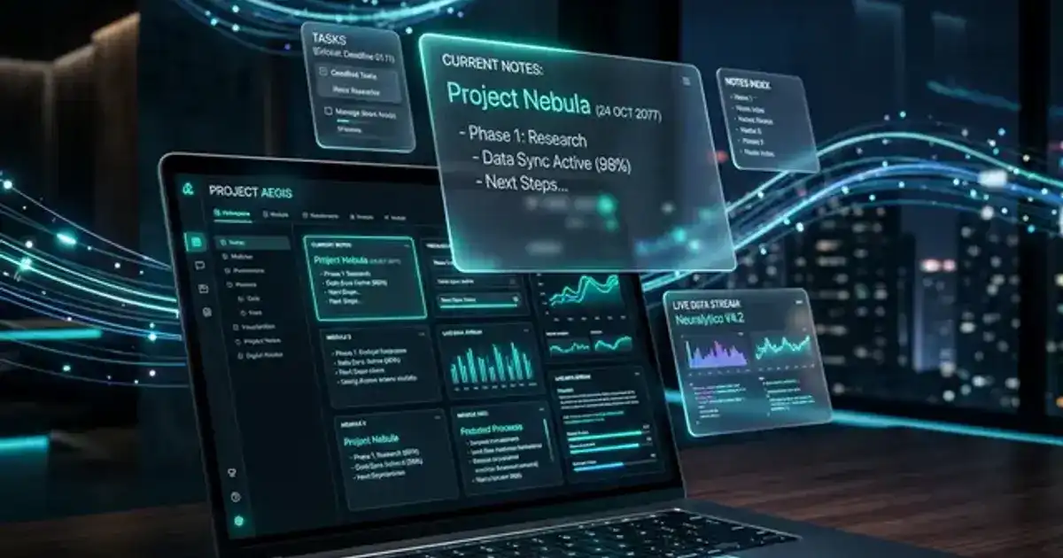 Futuristic holographic note-taking interface with AI-organized study notes floating in a dark workspace