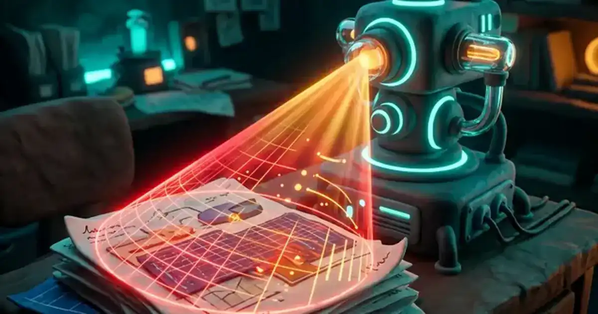 Notebook on a desk with a red warning hologram floating above it representing a Turnitin AI detection flag