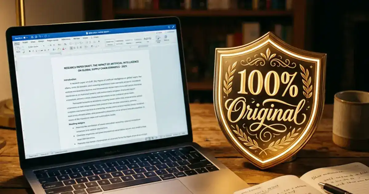 Laptop showing a research paper draft next to a glowing originality badge on a warm wooden desk