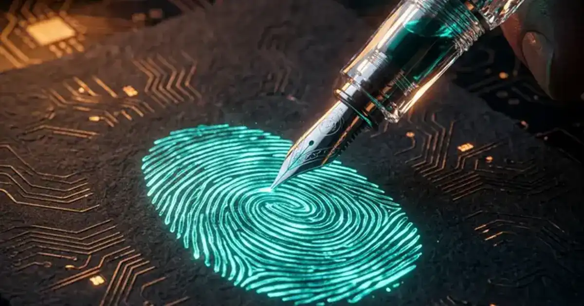 Fingerprint made of glowing teal ink on a circuit board representing unique writing voice identity