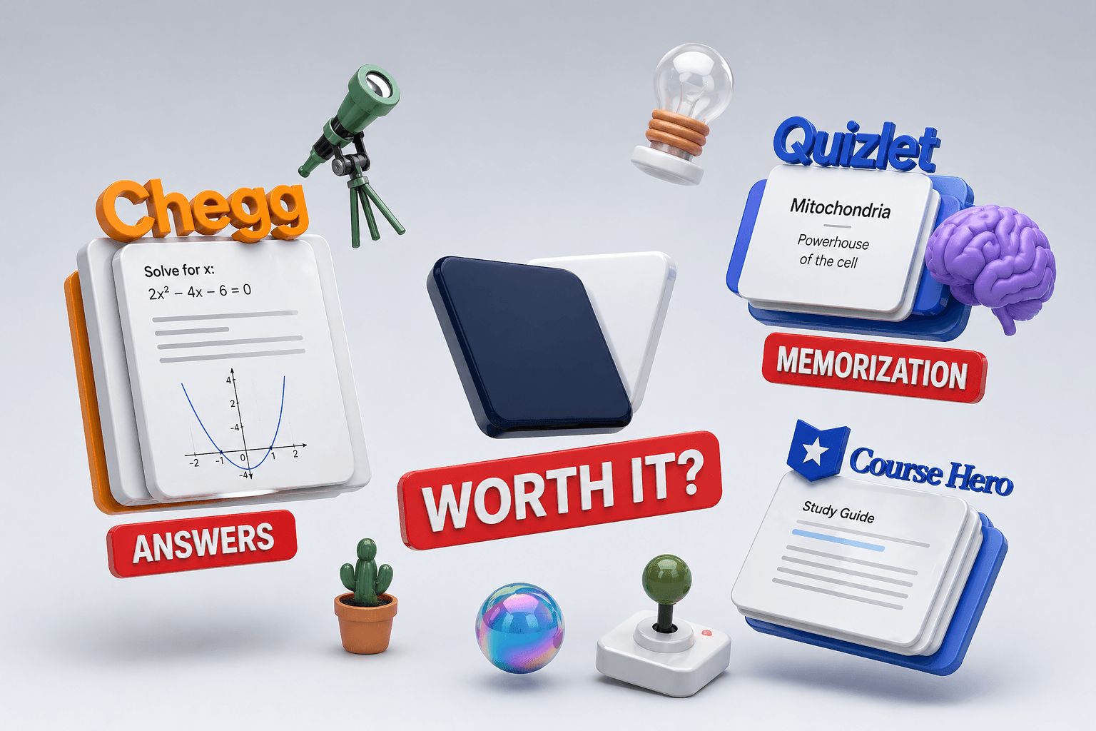 3D Chegg, Quizlet, Course Hero icons with “Worth It?” label comparing answers and memorization tools.