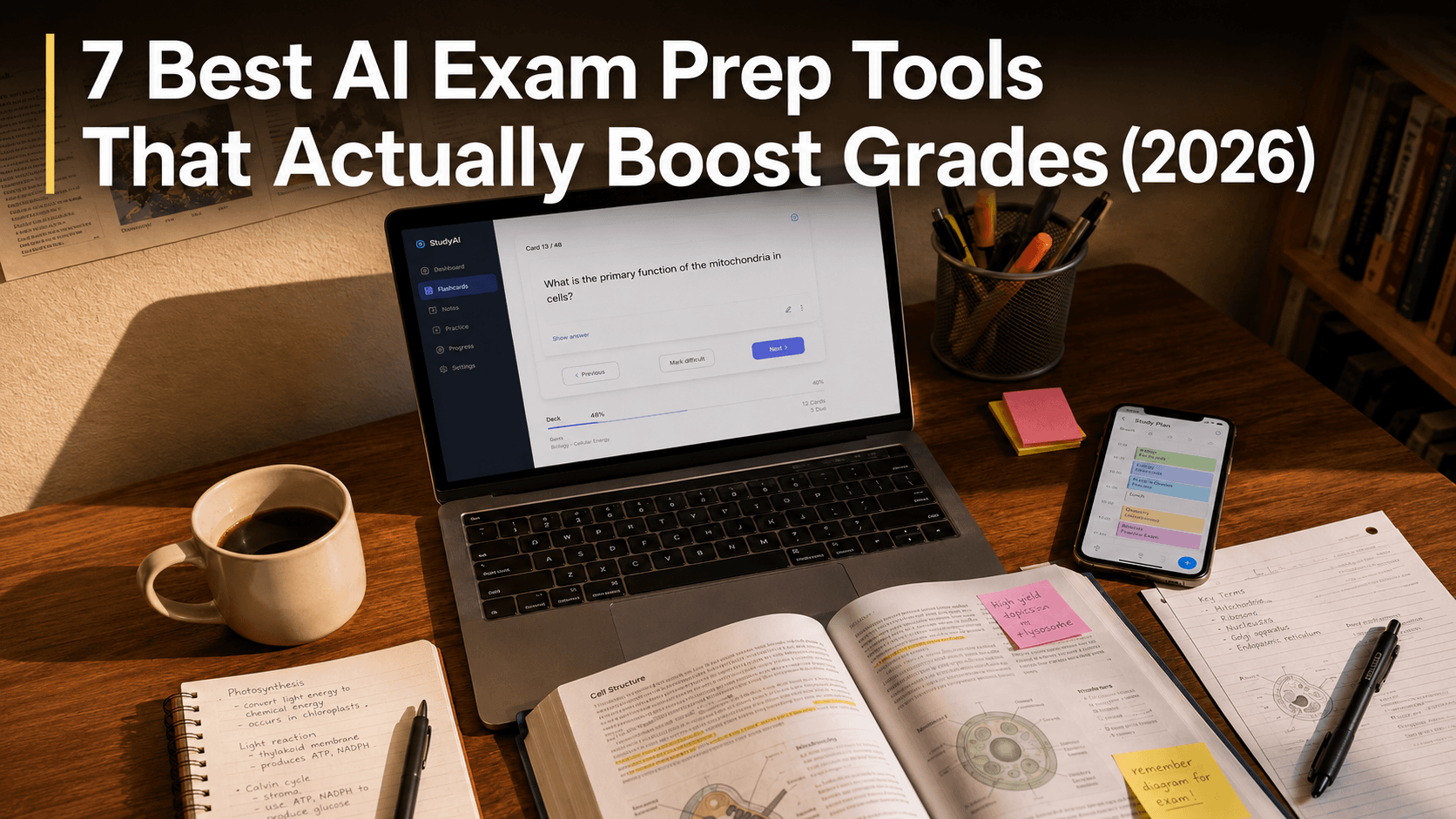 Cover image for โ7 Best AI Exam Prep Tools That Actually Boost Grades (2026)โ showing a study desk setup.