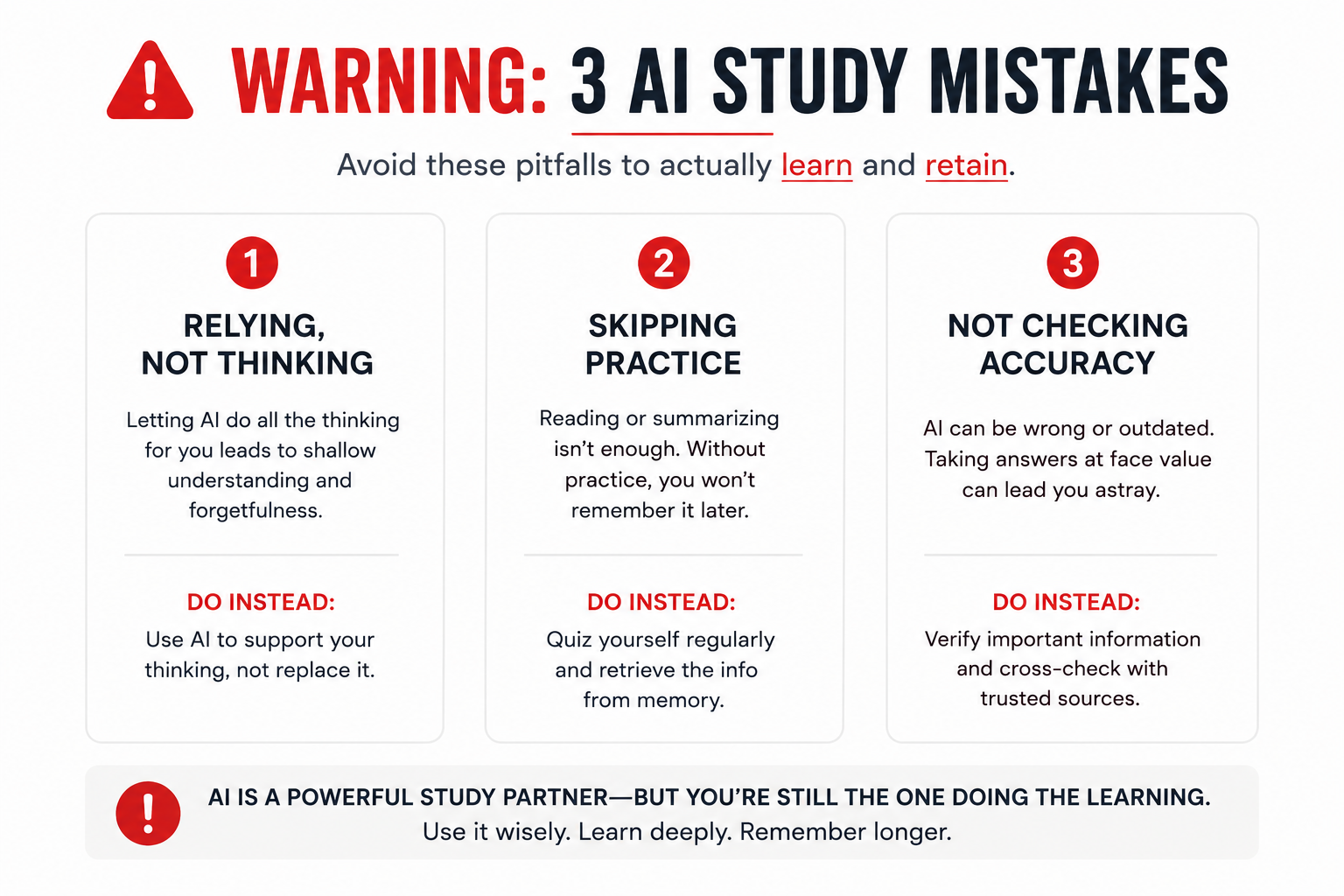 Simple warning infographic showing three common AI study mistakes.