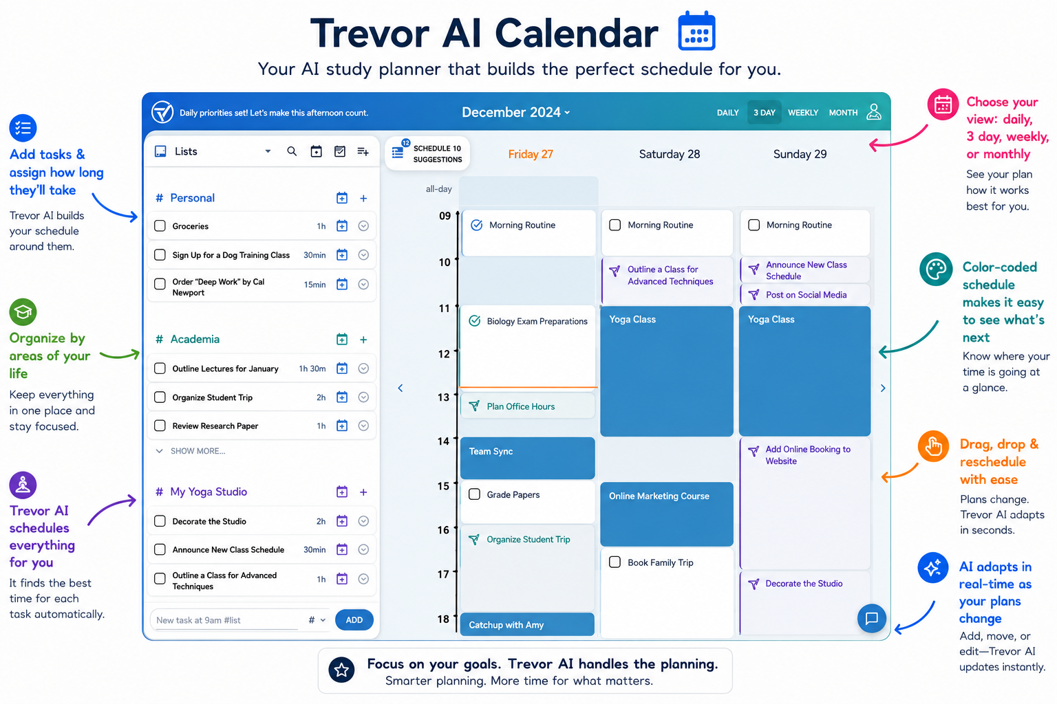 Annotated Trevor AI calendar showing smart study scheduling and task planning.
