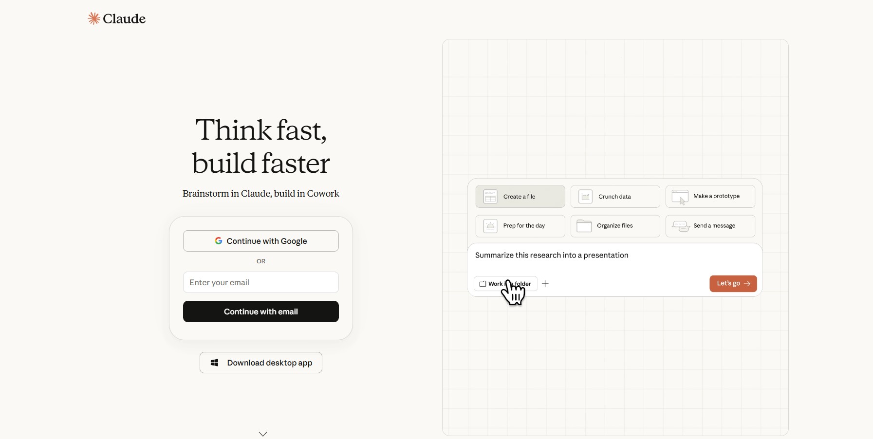 Claude AI homepage with login form, Google sign-in button, and interface showing task options and research summary prompt