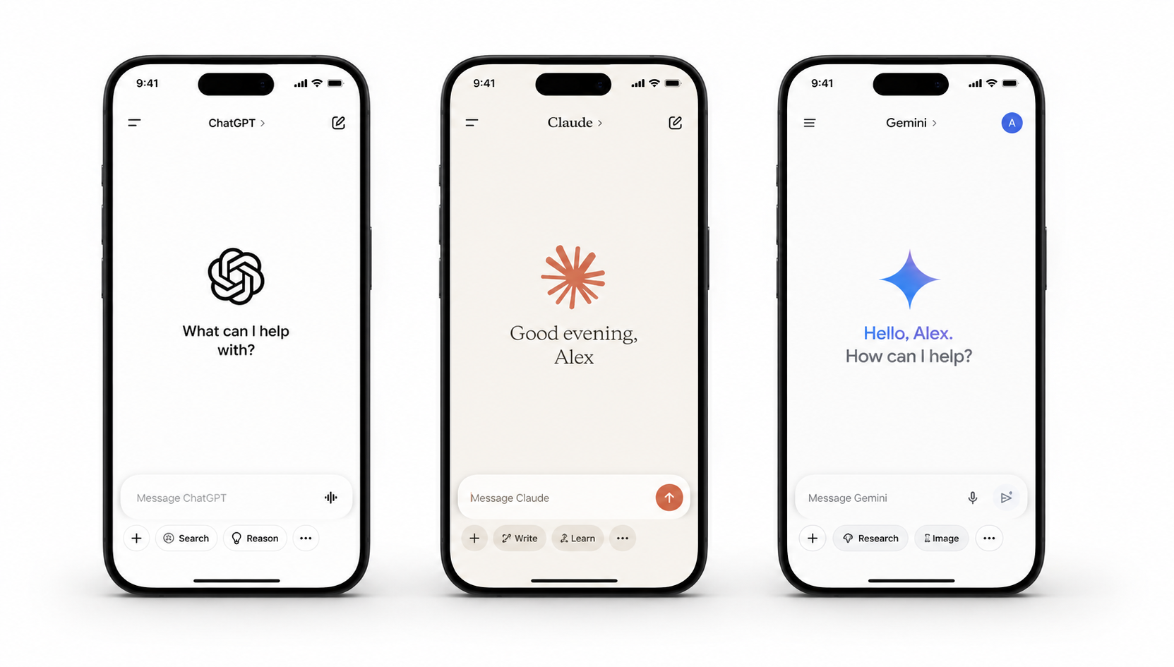 Three smartphones side by side showing ChatGPT, Claude, and Gemini mobile app interfaces on a clean white background.