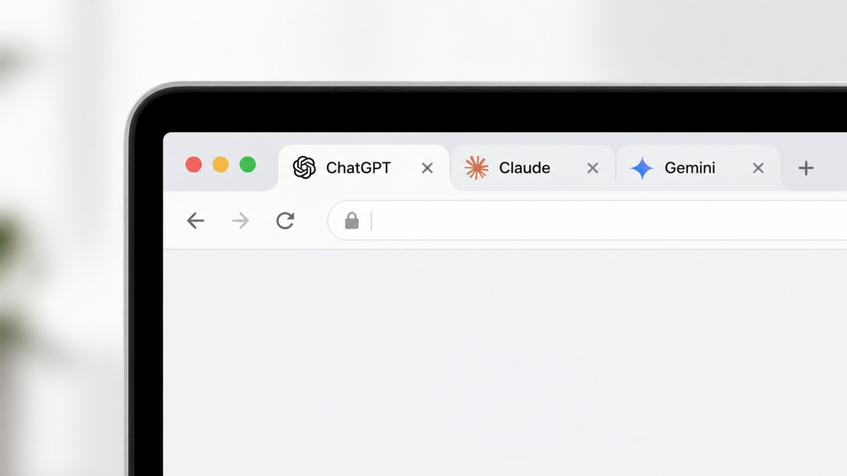 Laptop browser with ChatGPT, Claude, and Gemini tabs pinned and visible in the tab bar.