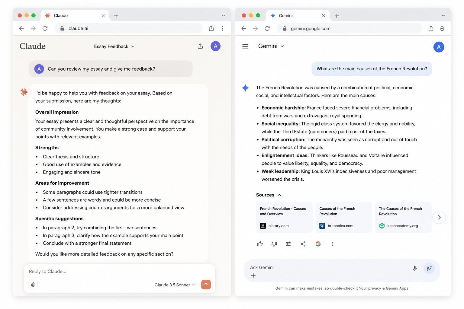 Side by side browser windows with Claude giving essay feedback and Gemini showing search results with sources.