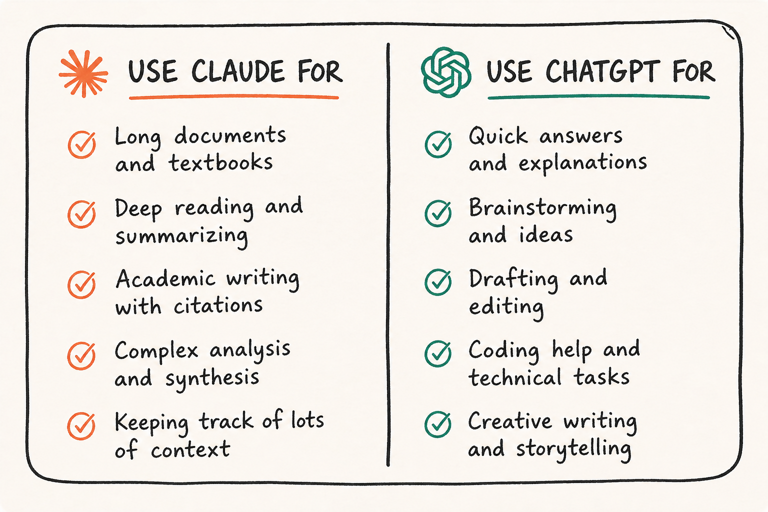 Hand-drawn style chart showing when to use Claude versus ChatGPT.
