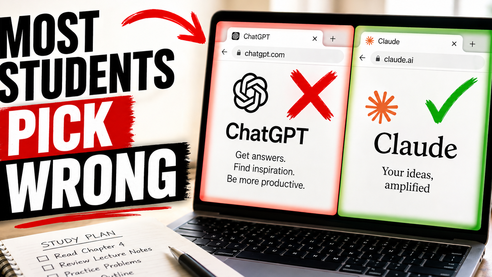 Claude vs ChatGPT laptop with red X on ChatGPT and green check on Claude.