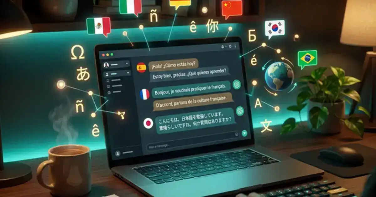 Open notebook with handwritten foreign language notes next to a phone showing conversation bubbles with a teal accent glow