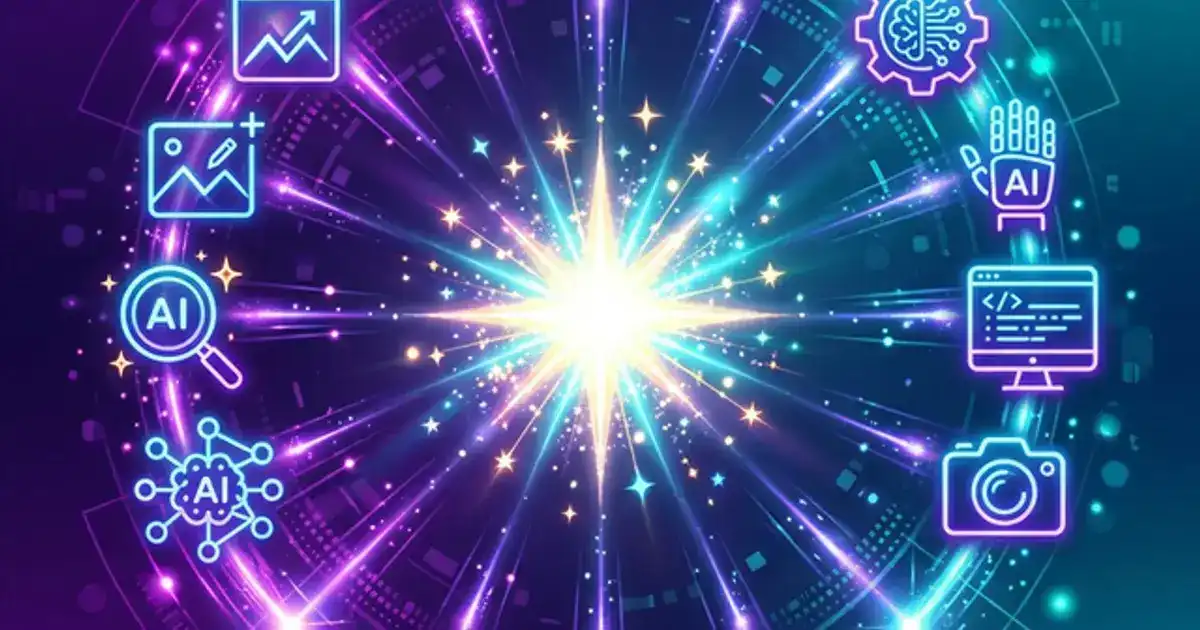 Collection of glowing AI tool icons arranged in a circle